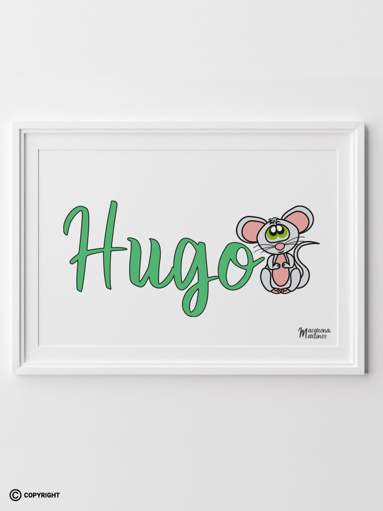 Lámina con el nombre de Hugo en verde y un ratón a la derecha